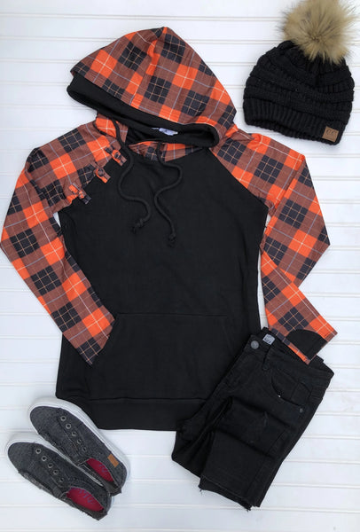 Orange and Black Plaid Women's Double Hooded Sweatshirt