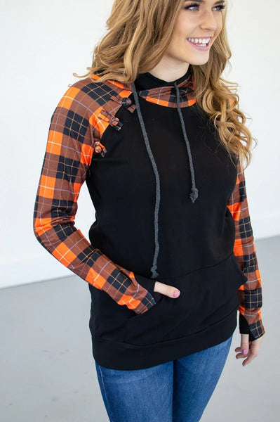 Orange and Black Plaid Women's Double Hooded Sweatshirt