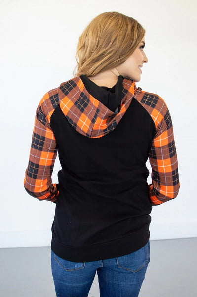 Orange and Black Plaid Women's Double Hooded Sweatshirt