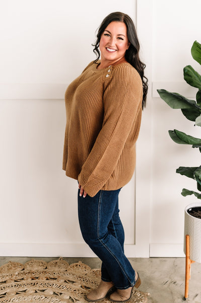 Closing In Button Shoulder Soft Sweater In Toffee