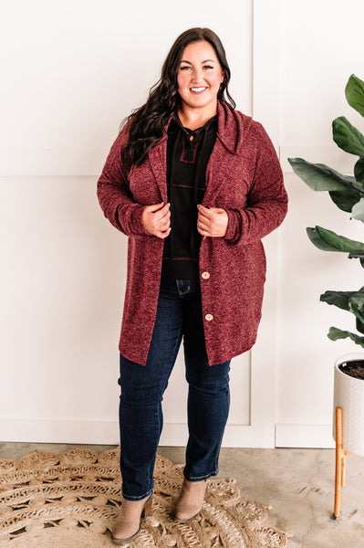 Button Front Hooded Cardigan With Pockets In Heathered Burgundy