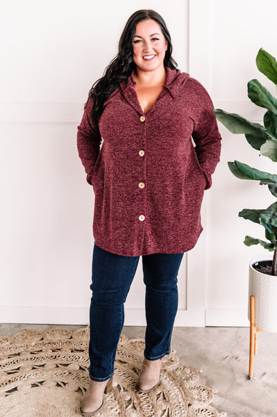 Button Front Hooded Cardigan With Pockets In Heathered Burgundy