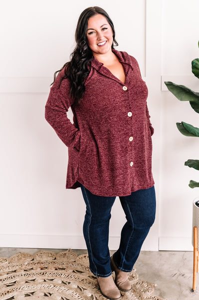 Button Front Hooded Cardigan With Pockets In Heathered Burgundy