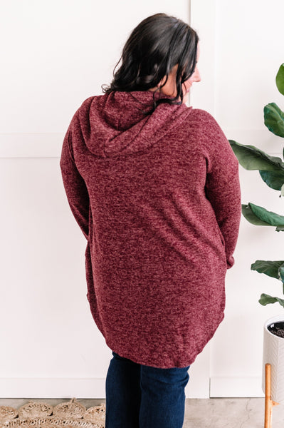 Button Front Hooded Cardigan With Pockets In Heathered Burgundy