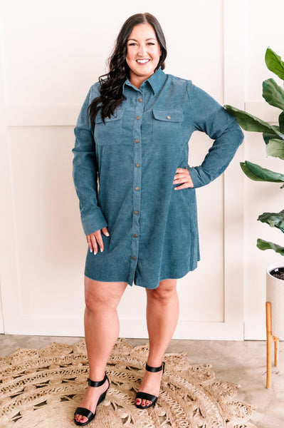 Button Front Corduroy Shirt Dress In Antique Blue