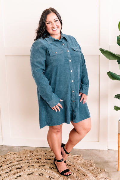 Button Front Corduroy Shirt Dress In Antique Blue