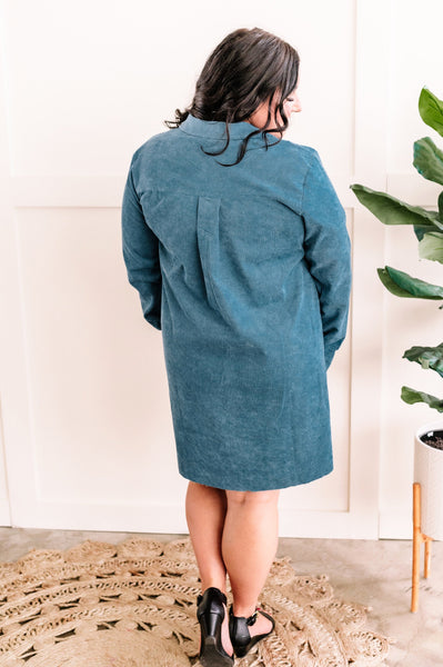 Button Front Corduroy Shirt Dress In Antique Blue