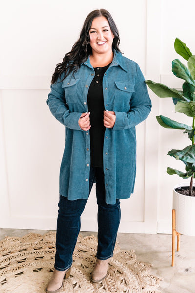 Button Front Corduroy Shirt Dress In Antique Blue