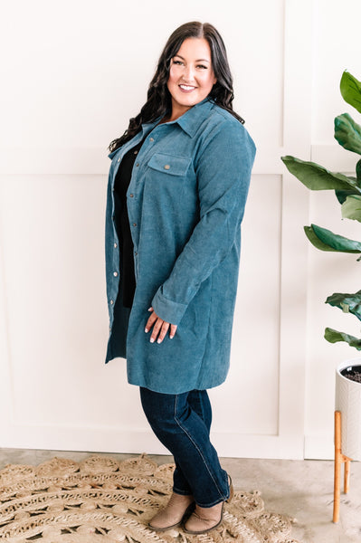 Button Front Corduroy Shirt Dress In Antique Blue