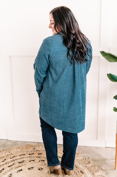 Button Front Corduroy Shirt Dress In Antique Blue