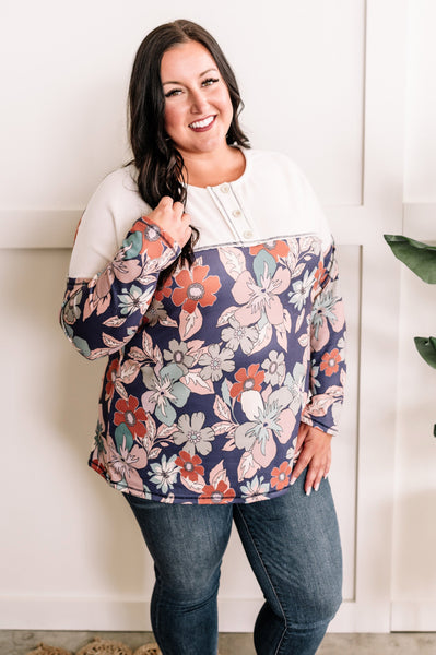 Soft Button Front Top In Fresh Air Floral Print