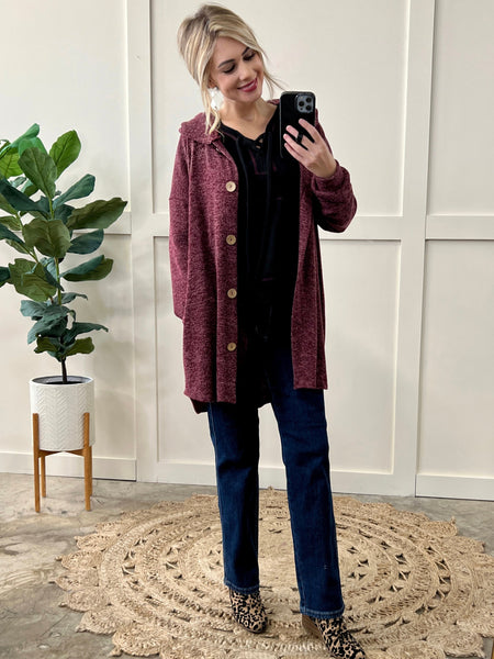 Button Front Hooded Cardigan With Pockets In Heathered Burgundy