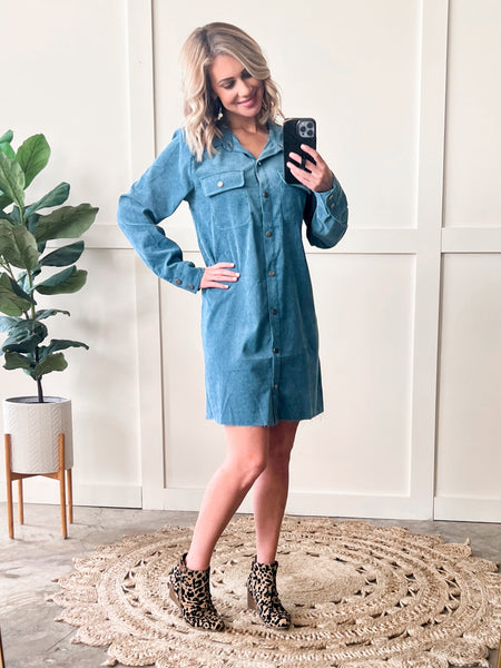 Button Front Corduroy Shirt Dress In Antique Blue