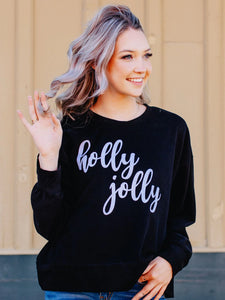 GLITTERY HOLLY JOLLY ON BLACK CROP SWEATSHIRT