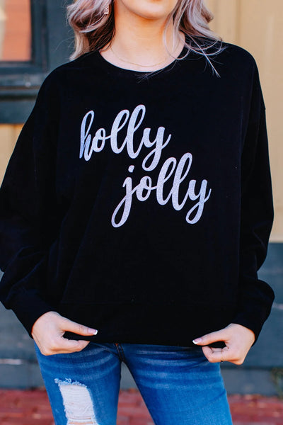 GLITTERY HOLLY JOLLY ON BLACK CROP SWEATSHIRT