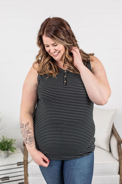 Addison Henley Tank - Black w/White Stripes