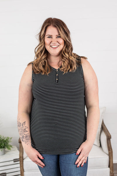 Addison Henley Tank - Black w/White Stripes