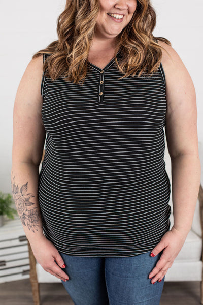 Addison Henley Tank - Black w/White Stripes