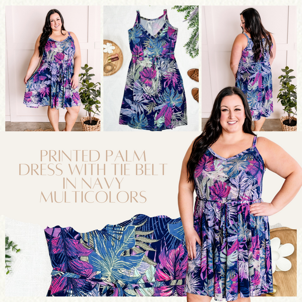 Printed Palm Dress With Tie Belt In Navy Multicolors