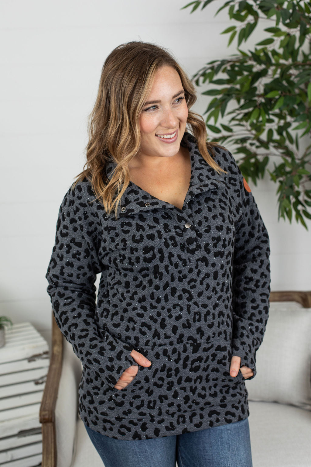 IN STOCK Button Snap Pullover - Charcoal Sparkle Leopard FINAL SALE