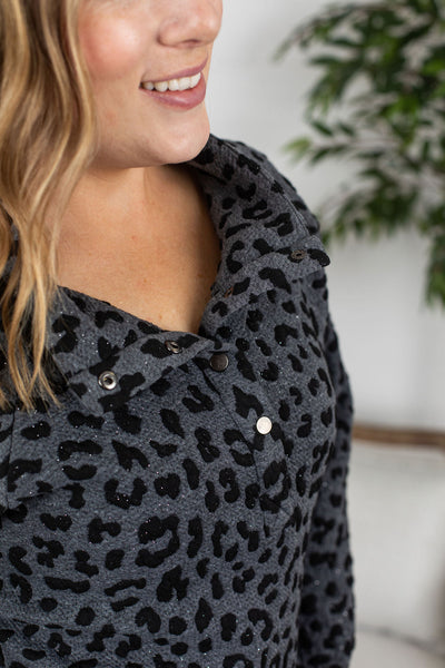 IN STOCK Button Snap Pullover - Charcoal Sparkle Leopard FINAL SALE