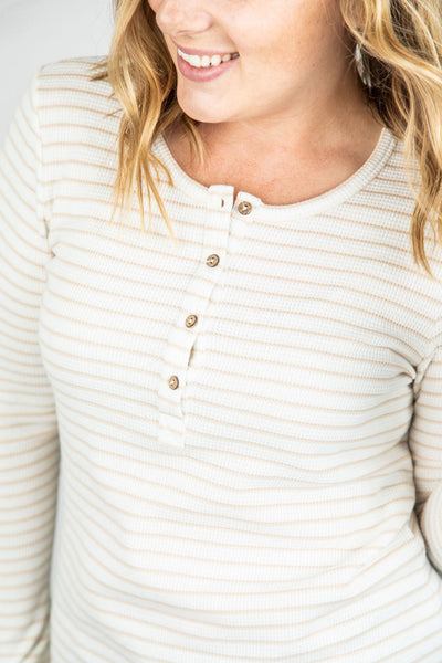 IN STOCK Harper Long Sleeve Henley - Cream with Tan Stripes FINAL SALE