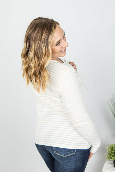 IN STOCK Harper Long Sleeve Henley - Cream with Tan Stripes FINAL SALE