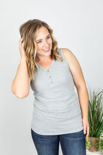 Addison Henley Tank - Grey and White Stripes