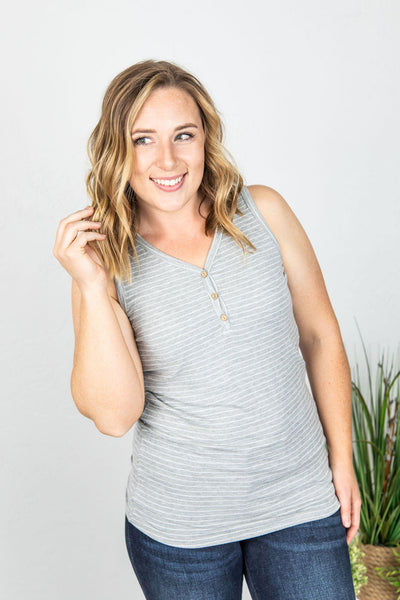 Addison Henley Tank - Grey and White Stripes