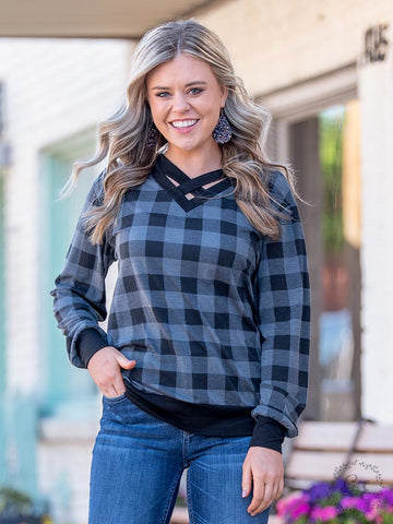 Grey Plaid criss cross sweatshirt