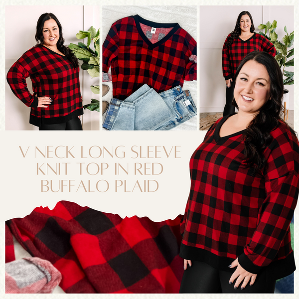 V Neck Long Sleeve Knit Top In Red Buffalo Plaid