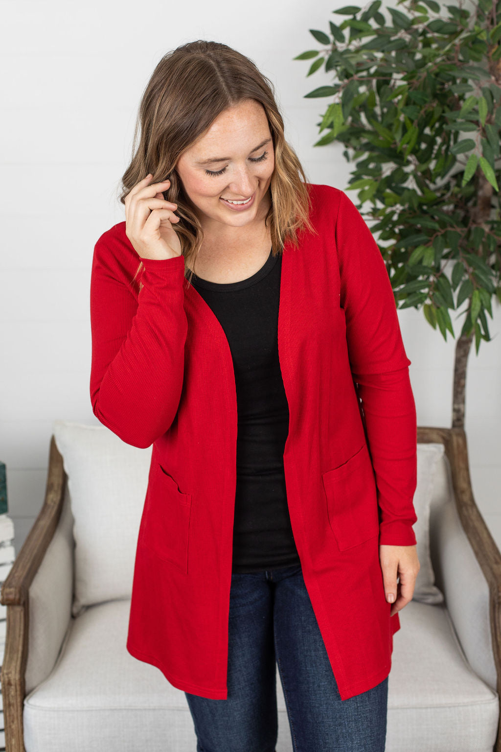 Rachel Ribbed Cardigan - Red  IN STORE