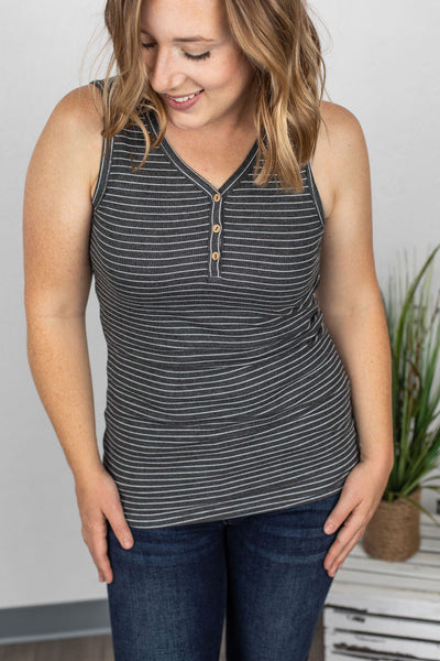 Addison Henley Tank - Charcoal w/White Stripes