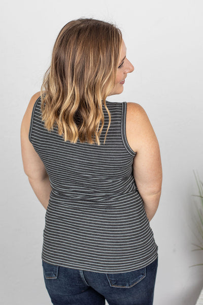 Addison Henley Tank - Charcoal w/White Stripes