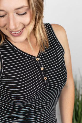 Addison Henley Tank - Black w/White Stripes