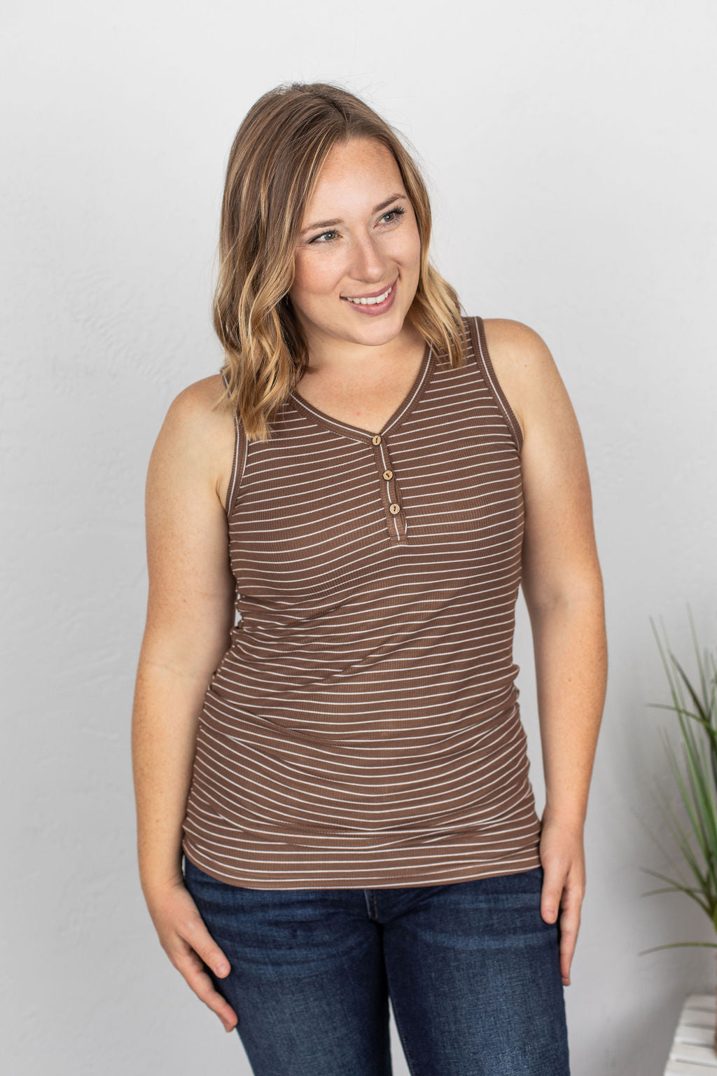 Addison Henley Tank - Brown w/ White Stripes