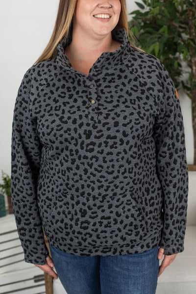 IN STOCK Button Snap Pullover - Charcoal Sparkle Leopard FINAL SALE