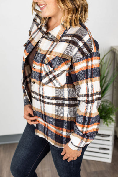 IN STOCK Molly Plaid Shacket - Navy, Brown, and Orange FINAL SALE