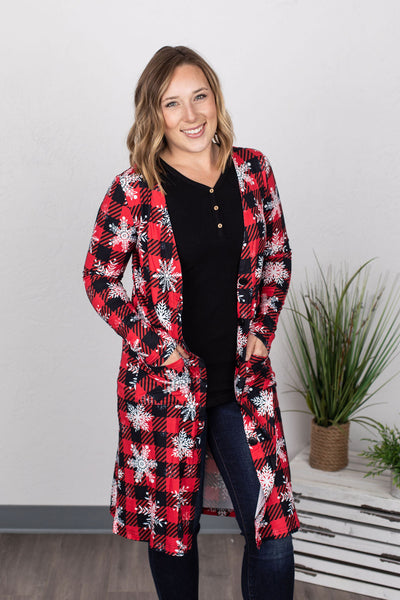 Colbie Cardigan - Snowflakes and Buffalo Plaid in STORE