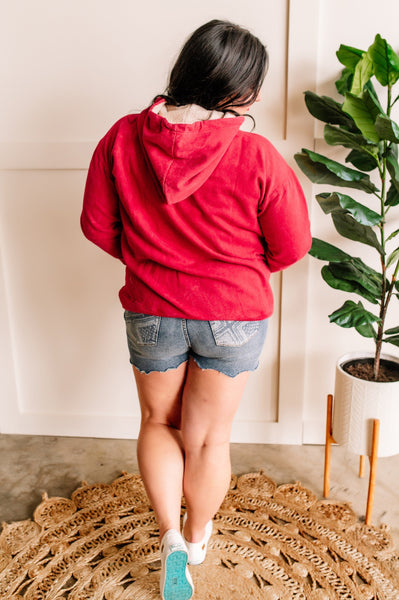 Soft Sherpa Trimmed Hoodie In Cherry Red