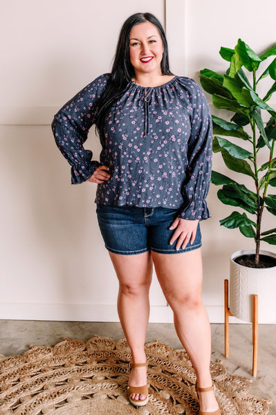 Ditsy Dot Top In Navy & Plum Floral