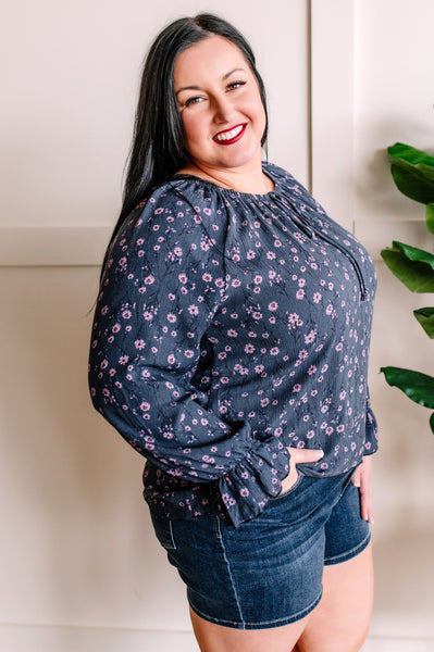 Ditsy Dot Top In Navy & Plum Floral