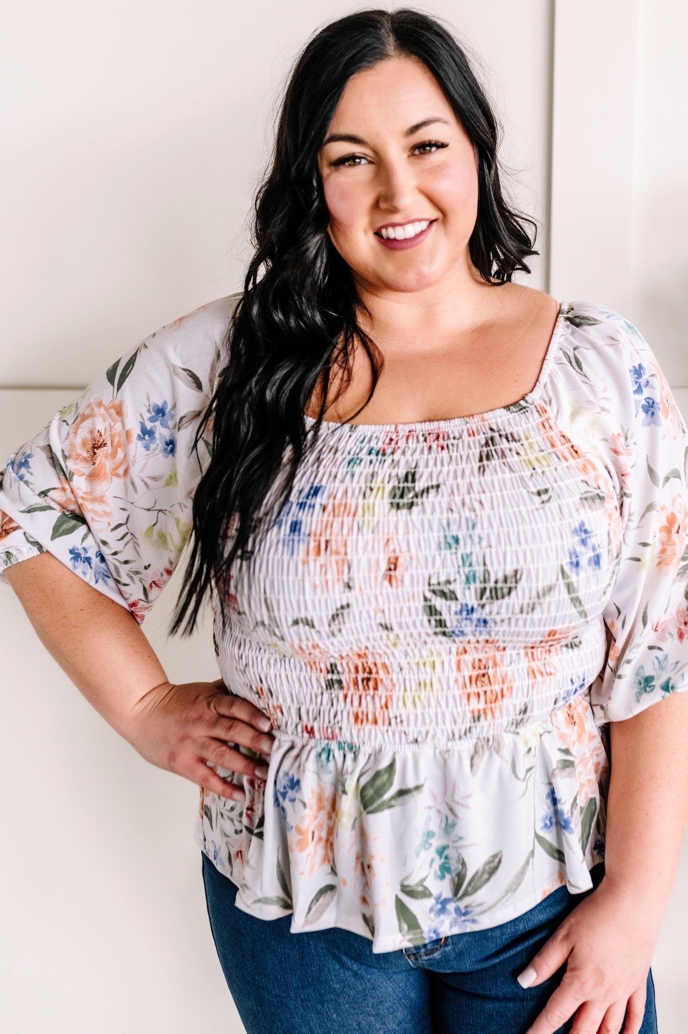 Smocked Top In Delicate Ivory Florals