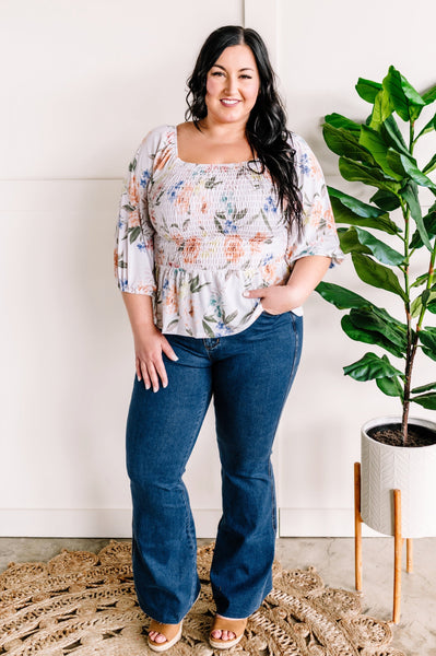 Smocked Top In Delicate Ivory Florals