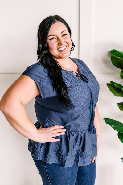 Savanna Jane Embroidered Tie Front Blouse In Blue