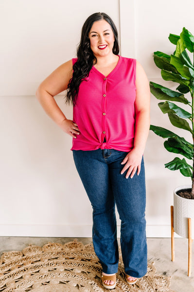 Button Sleeveless Top With Adjustable Tie In Fuschia