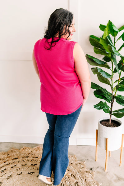 Button Sleeveless Top With Adjustable Tie In Fuschia