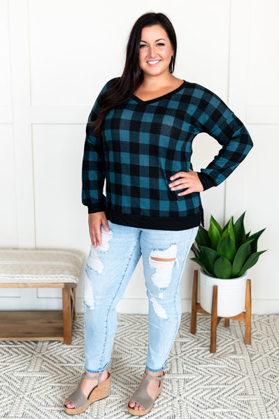 OUTLET - Check Yourself Top In Teal Plaid - Medium