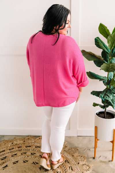 Oversized Knit Pocket Top In Bright Pink