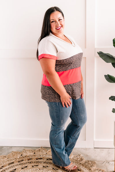 Color Block Top In Neon & Animal Print